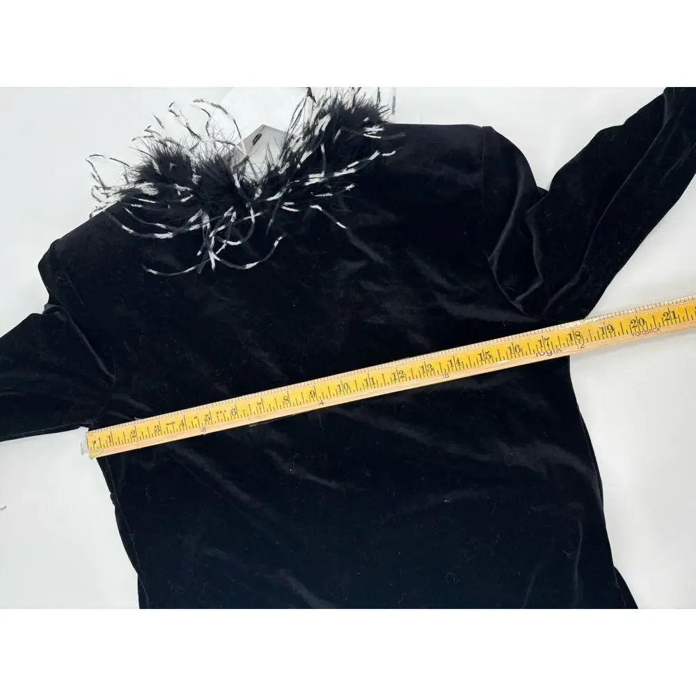 Jackie Jon Vintage Cardigan Sweater Womens Medium Black Velvet Feather Collared